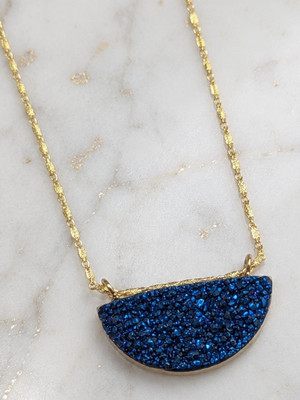 Natural Blue Druzy Agate Necklace Gold Crescent Pendant 18K Gold Plated